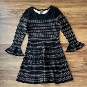 Taylor boat neck long bell sleeve dress, black white dots flare dress.